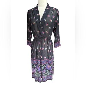 Deadstock‎ 1970s Leslie Fay Floral, Semi-Sheer Wrap Style Bodice Dress
